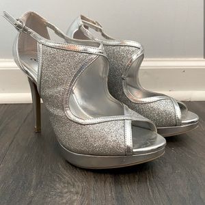 BRASH Silver Metallic Glitter Peep Toe Heels Stilettos 6